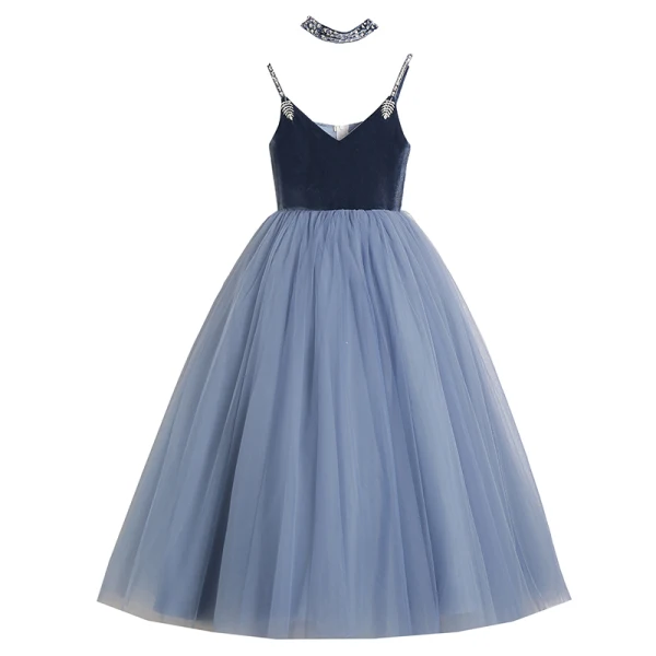 Fashion Navy Blue Birthday Flower Girl Dresses 2020 Ball Gown Spaghetti Straps Sleeveless Backless Sequins Beading Floor-Length / Long Ruffle