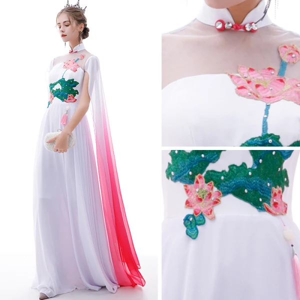 Chinese style Affordable White Chiffon Evening Dresses  2020 A-Line / Princess See-through High Neck Short Sleeve Appliques Embroidered Flower Watteau Train Formal Dresses