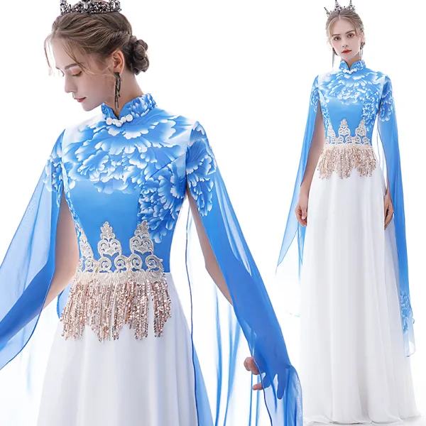 Style Chinois Bleu Chiffon Robe De Soirée 2020 Princesse Col Haut Manches Courtes Impression Fleur Appliques En Dentelle Paillettes Gland Longue Volants Robe De Ceremonie