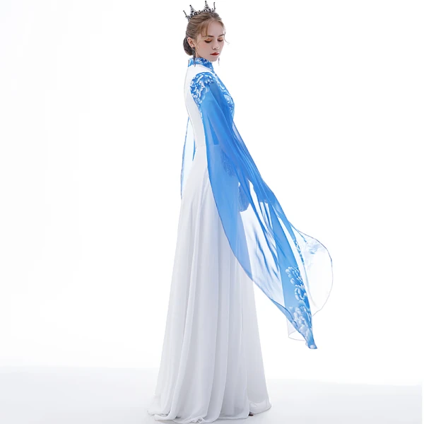 Chinese style Pool Blue Chiffon Evening Dresses  2020 A-Line / Princess High Neck Short Sleeve Printing Flower Appliques Lace Sequins Tassel Floor-Length / Long Ruffle Formal Dresses