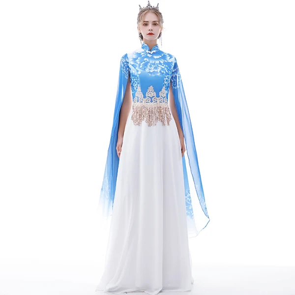 Chinese style Pool Blue Chiffon Evening Dresses  2020 A-Line / Princess High Neck Short Sleeve Printing Flower Appliques Lace Sequins Tassel Floor-Length / Long Ruffle Formal Dresses