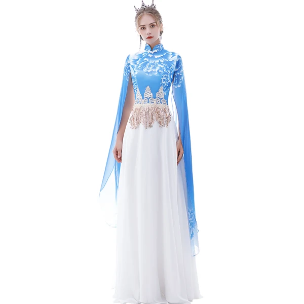 Chinese style Pool Blue Chiffon Evening Dresses  2020 A-Line / Princess High Neck Short Sleeve Printing Flower Appliques Lace Sequins Tassel Floor-Length / Long Ruffle Formal Dresses