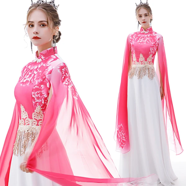 Chinese style Pool Blue Chiffon Evening Dresses  2020 A-Line / Princess High Neck Short Sleeve Printing Flower Appliques Lace Sequins Tassel Floor-Length / Long Ruffle Formal Dresses