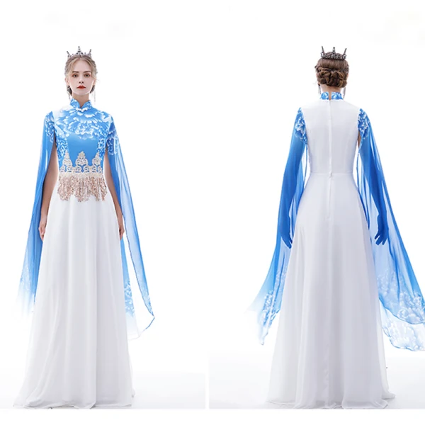 Chinese style Pool Blue Chiffon Evening Dresses  2020 A-Line / Princess High Neck Short Sleeve Printing Flower Appliques Lace Sequins Tassel Floor-Length / Long Ruffle Formal Dresses