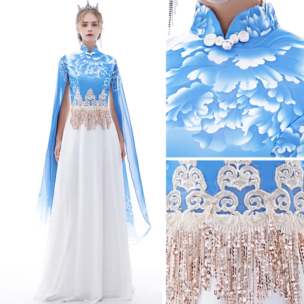Chinese style Pool Blue Chiffon Evening Dresses  2020 A-Line / Princess High Neck Short Sleeve Printing Flower Appliques Lace Sequins Tassel Floor-Length / Long Ruffle Formal Dresses
