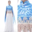 Chinese style Pool Blue Chiffon Evening Dresses  2020 A-Line / Princess High Neck Short Sleeve Printing Flower Appliques Lace Sequins Tassel Floor-Length / Long Ruffle Formal Dresses