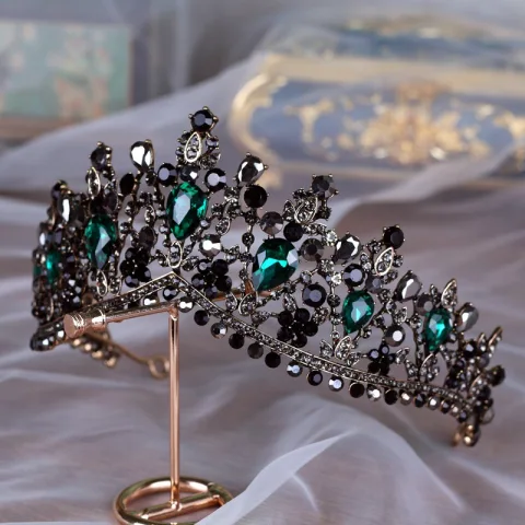 Vintage Barocke Schwarz Tiara Haarschmuck Braut  2020 Legierung Dunkelgrün Strass Brautaccessoires
