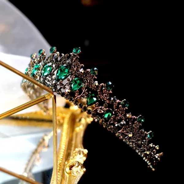 Vintage Barroca Oro Tiara Tocados de novia 2020 Aleación Verde Oscuro Rhinestone Accesorios