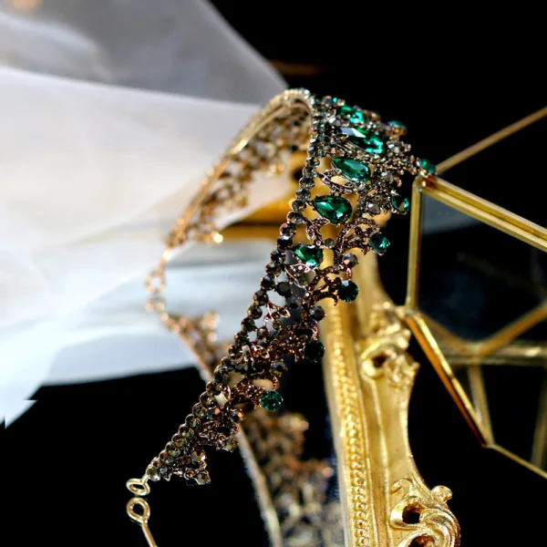 Vintage / Originale Baroque Doré Tiare Accessoire Cheveux Mariage 2020 Alliage Vert Foncé Faux Diamant Accessorize