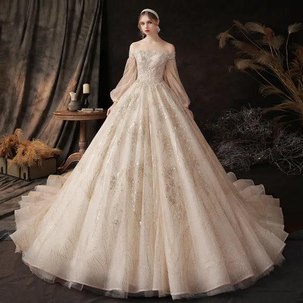 Victorian Style Champagne Bridal Wedding Dresses 2020 Ball Gown Off-The-Shoulder Puffy Long Sleeve Backless Appliques Sequins Glitter Tulle Cathedral Train Ruffle