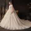 Victorian Style Champagne Bridal Wedding Dresses 2020 Ball Gown Off-The-Shoulder Puffy Long Sleeve Backless Appliques Sequins Glitter Tulle Cathedral Train Ruffle