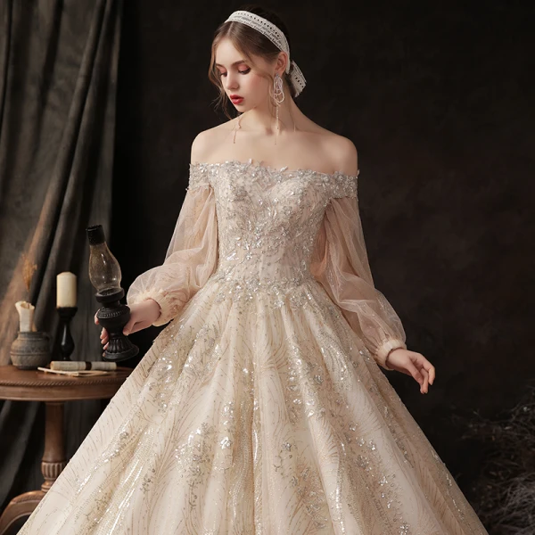 Victorian Style Champagne Bridal Wedding Dresses 2020 Ball Gown Off-The-Shoulder Puffy Long Sleeve Backless Appliques Sequins Glitter Tulle Cathedral Train Ruffle