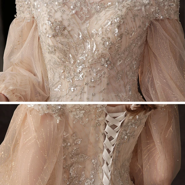 Victorian Style Champagne Bridal Wedding Dresses 2020 Ball Gown Off-The-Shoulder Puffy Long Sleeve Backless Appliques Sequins Glitter Tulle Cathedral Train Ruffle