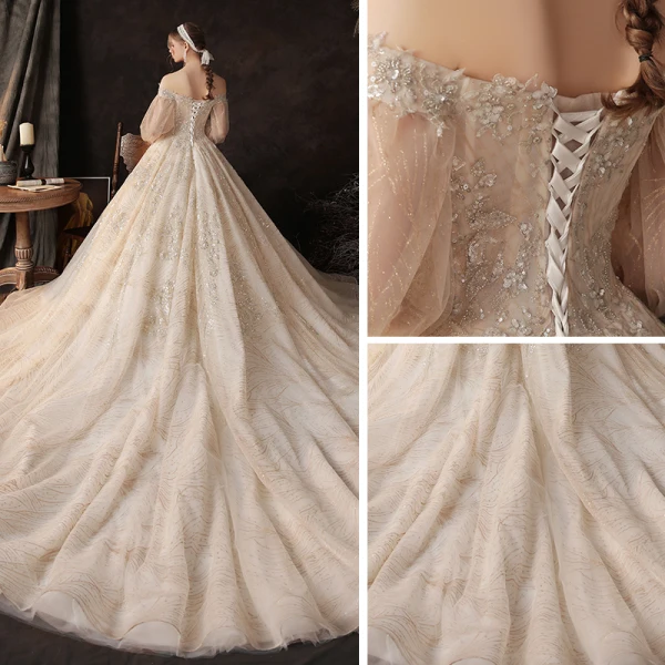 Victorian Style Champagne Bridal Wedding Dresses 2020 Ball Gown Off-The-Shoulder Puffy Long Sleeve Backless Appliques Sequins Glitter Tulle Cathedral Train Ruffle