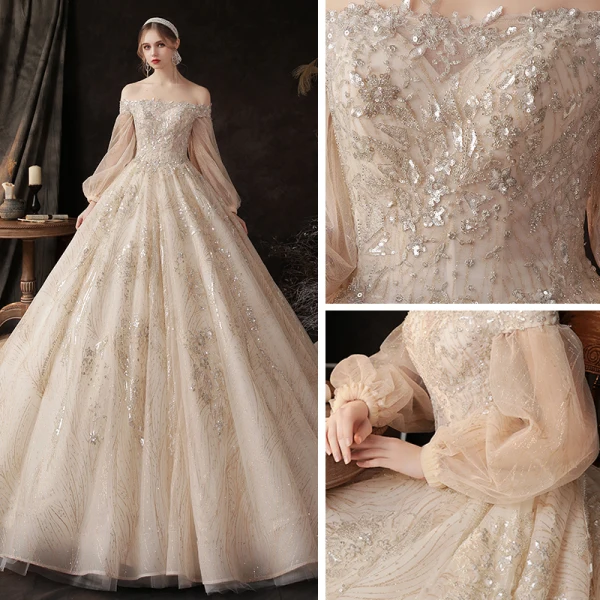 Victorian Style Champagne Bridal Wedding Dresses 2020 Ball Gown Off-The-Shoulder Puffy Long Sleeve Backless Appliques Sequins Glitter Tulle Cathedral Train Ruffle