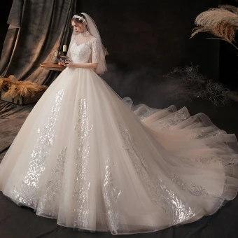 Vintage Originale Champagne Transparentes La Mariée Robe De Mariée 2020 Robe Boule Col Haut Manches Courtes Appliques En Dentelle Perlage Chapel Train Volants