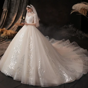 Vintage Champagne Doorzichtige Bruids Trouwjurken 2020 Baljurk Hoge Kraag Korte Mouwen Appliques Kant Kralen Chapel Train Ruche
