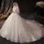 Vintage / Retro Champagne See-through Bridal Wedding Dresses 2020 Ball Gown High Neck Short Sleeve Appliques Lace Beading Chapel Train Ruffle