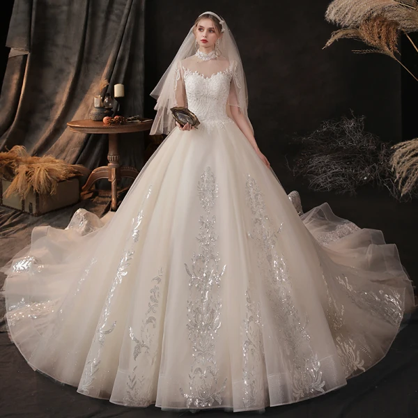 Vintage / Retro Champagne See-through Bridal Wedding Dresses 2020 Ball Gown High Neck Short Sleeve Appliques Lace Beading Chapel Train Ruffle