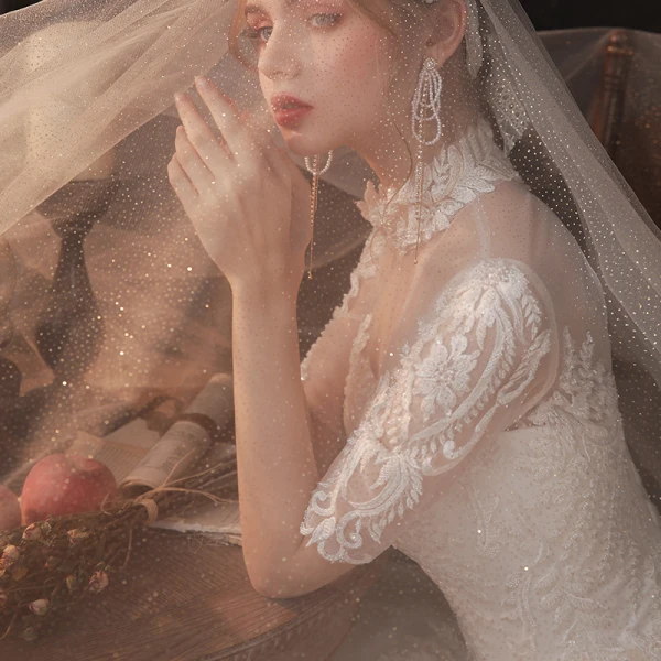Vintage / Retro Champagne See-through Bridal Wedding Dresses 2020 Ball Gown High Neck Short Sleeve Appliques Lace Beading Chapel Train Ruffle
