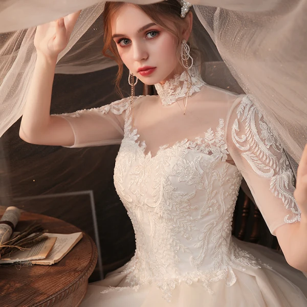 Vintage / Retro Champagne See-through Bridal Wedding Dresses 2020 Ball Gown High Neck Short Sleeve Appliques Lace Beading Chapel Train Ruffle
