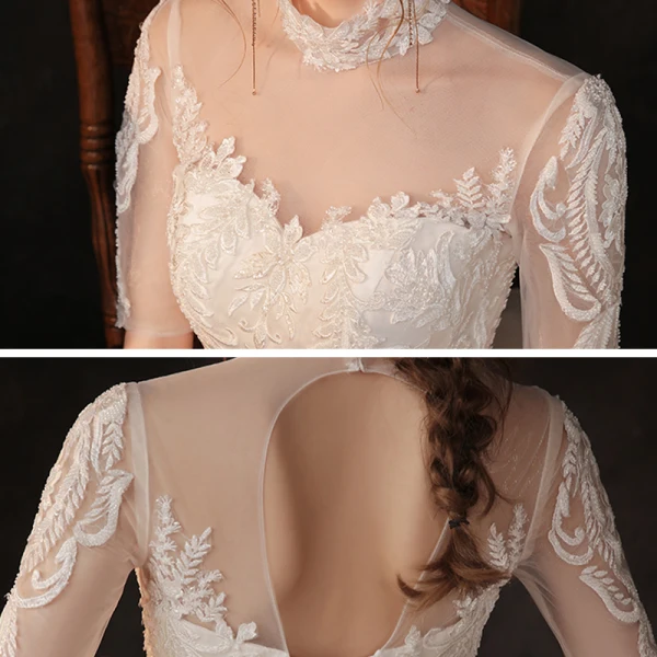 Vintage / Retro Champagne See-through Bridal Wedding Dresses 2020 Ball Gown High Neck Short Sleeve Appliques Lace Beading Chapel Train Ruffle