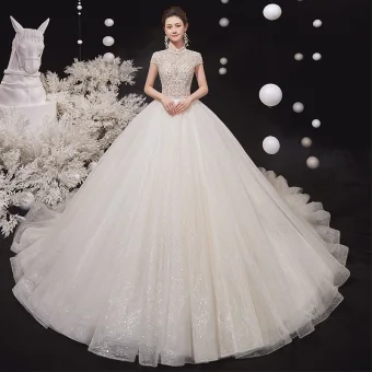 Illusion Champagne Bridal Wedding Dresses 2020 Ball Gown High Neck Short Sleeve Backless Beading Glitter Tulle Cathedral Train Ruffle