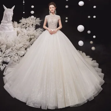 Illusion Champagne Bridal Wedding Dresses 2020 Ball Gown High Neck Short Sleeve Backless Beading Glitter Tulle Cathedral Train Ruffle