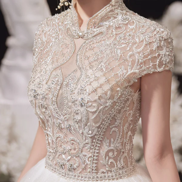 Illusion Champagne Bridal Wedding Dresses 2020 Ball Gown High Neck Short Sleeve Backless Beading Glitter Tulle Cathedral Train Ruffle