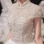 Illusion Champagne Bridal Wedding Dresses 2020 Ball Gown High Neck Short Sleeve Backless Beading Glitter Tulle Cathedral Train Ruffle