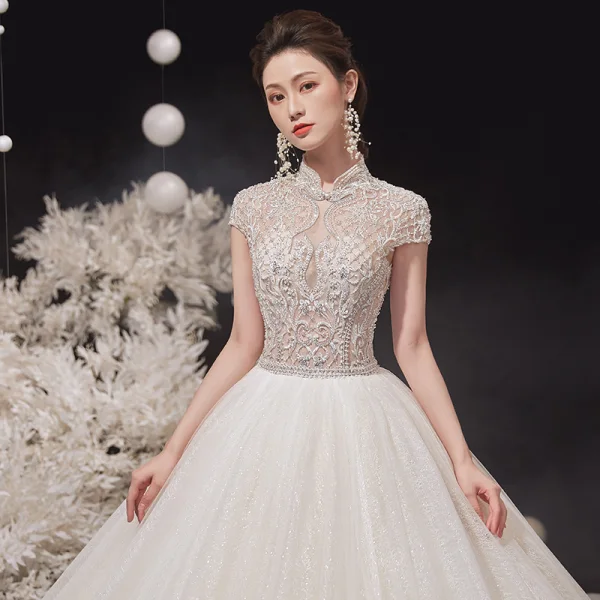 Illusion Champagne Bridal Wedding Dresses 2020 Ball Gown High Neck Short Sleeve Backless Beading Glitter Tulle Cathedral Train Ruffle