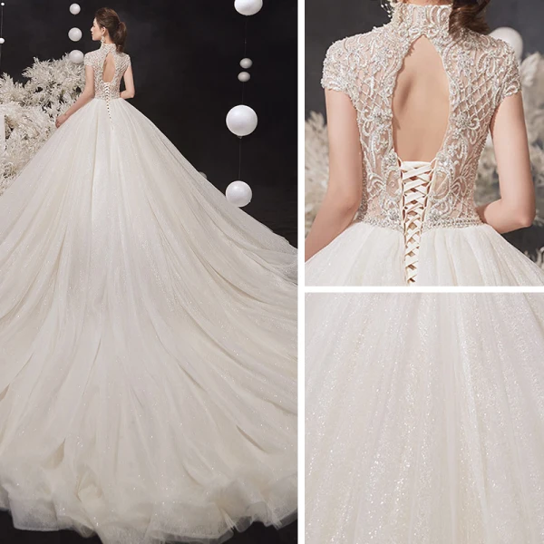 Illusion Champagne Bridal Wedding Dresses 2020 Ball Gown High Neck Short Sleeve Backless Beading Glitter Tulle Cathedral Train Ruffle