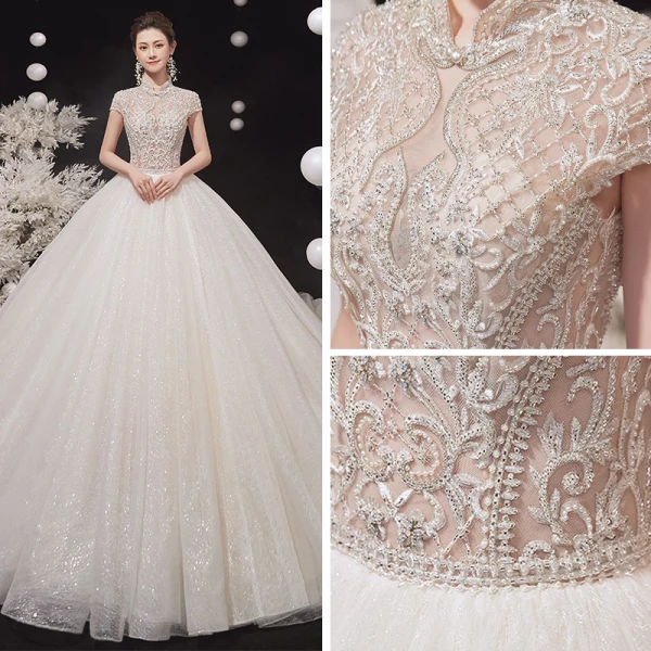 Illusion Champagne Bridal Wedding Dresses 2020 Ball Gown High Neck Short Sleeve Backless Beading Glitter Tulle Cathedral Train Ruffle