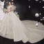 Luxury / Gorgeous Champagne See-through Bridal Wedding Dresses 2020 Ball Gown High Neck Short Sleeve Appliques Lace Beading Tassel Glitter Tulle Cathedral Train