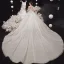 Luxury / Gorgeous Champagne See-through Bridal Wedding Dresses 2020 Ball Gown High Neck Short Sleeve Appliques Lace Beading Tassel Glitter Tulle Cathedral Train