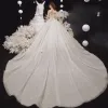Luxury / Gorgeous Champagne See-through Bridal Wedding Dresses 2020 Ball Gown High Neck Short Sleeve Appliques Lace Beading Tassel Glitter Tulle Cathedral Train