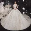 Luxury / Gorgeous Champagne See-through Bridal Wedding Dresses 2020 Ball Gown High Neck Short Sleeve Appliques Lace Beading Tassel Glitter Tulle Cathedral Train