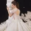Luxury / Gorgeous Champagne See-through Bridal Wedding Dresses 2020 Ball Gown High Neck Short Sleeve Appliques Lace Beading Tassel Glitter Tulle Cathedral Train