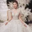 Luxury / Gorgeous Champagne See-through Bridal Wedding Dresses 2020 Ball Gown High Neck Short Sleeve Appliques Lace Beading Tassel Glitter Tulle Cathedral Train