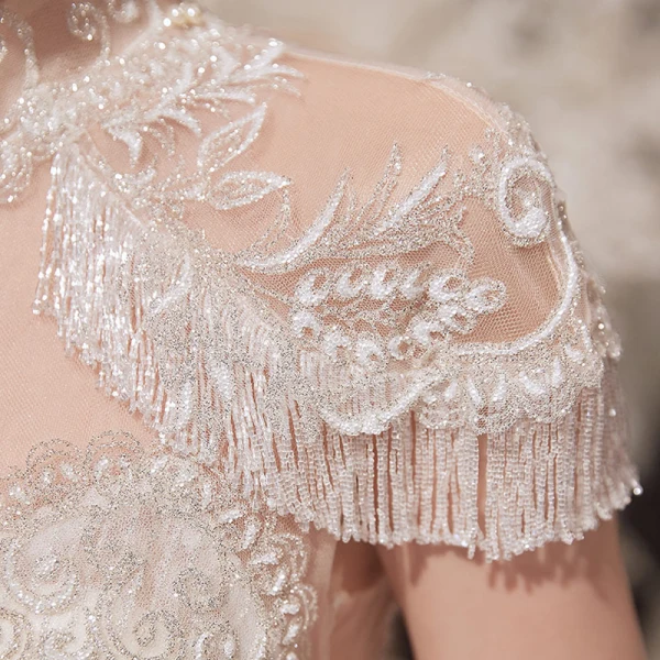 Luxury / Gorgeous Champagne See-through Bridal Wedding Dresses 2020 Ball Gown High Neck Short Sleeve Appliques Lace Beading Tassel Glitter Tulle Cathedral Train