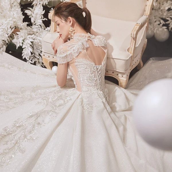 Luxury / Gorgeous Champagne See-through Bridal Wedding Dresses 2020 Ball Gown High Neck Short Sleeve Appliques Lace Beading Tassel Glitter Tulle Cathedral Train