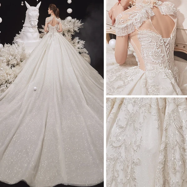 Luxury / Gorgeous Champagne See-through Bridal Wedding Dresses 2020 Ball Gown High Neck Short Sleeve Appliques Lace Beading Tassel Glitter Tulle Cathedral Train