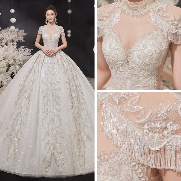 Luxury / Gorgeous Champagne See-through Bridal Wedding Dresses 2020 Ball Gown High Neck Short Sleeve Appliques Lace Beading Tassel Glitter Tulle Cathedral Train