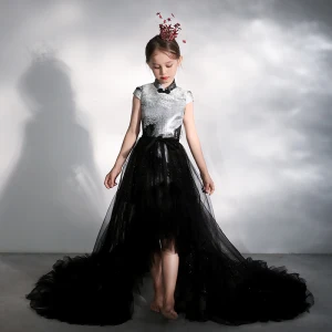 Chinese Style Black Birthday Flower Girl Dresses 2020 A Line Princess High Neck Cap Sleeves Glitter Tulle Detachable Court Train