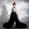Chinese style Black Birthday Flower Girl Dresses 2020 A-Line / Princess High Neck Cap Sleeves Glitter Tulle Detachable Court Train