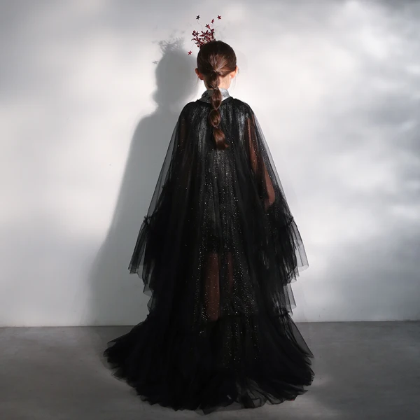 Chinese style Black Birthday Flower Girl Dresses 2020 A-Line / Princess High Neck Cap Sleeves Glitter Tulle Detachable Court Train