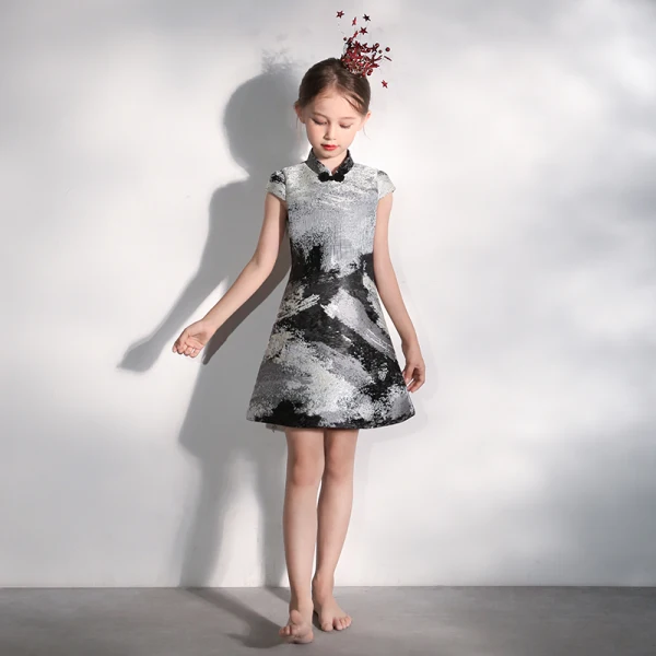 Chinese style Black Birthday Flower Girl Dresses 2020 A-Line / Princess High Neck Cap Sleeves Glitter Tulle Detachable Court Train