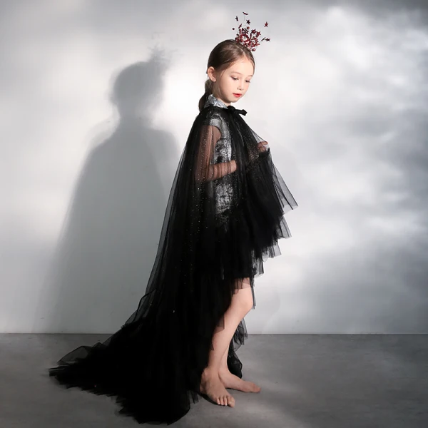 Chinese style Black Birthday Flower Girl Dresses 2020 A-Line / Princess High Neck Cap Sleeves Glitter Tulle Detachable Court Train
