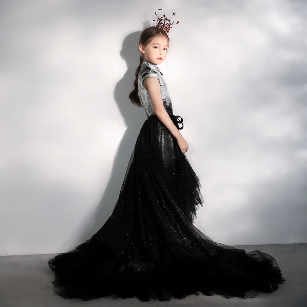 Chinese style Black Birthday Flower Girl Dresses 2020 A-Line / Princess High Neck Cap Sleeves Glitter Tulle Detachable Court Train