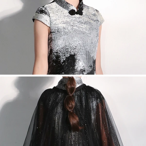 Chinese style Black Birthday Flower Girl Dresses 2020 A-Line / Princess High Neck Cap Sleeves Glitter Tulle Detachable Court Train